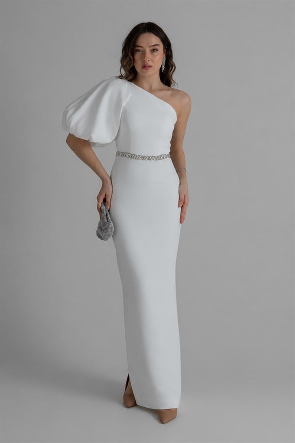 Balon Kol Taşlı Abiye - BEYAZ