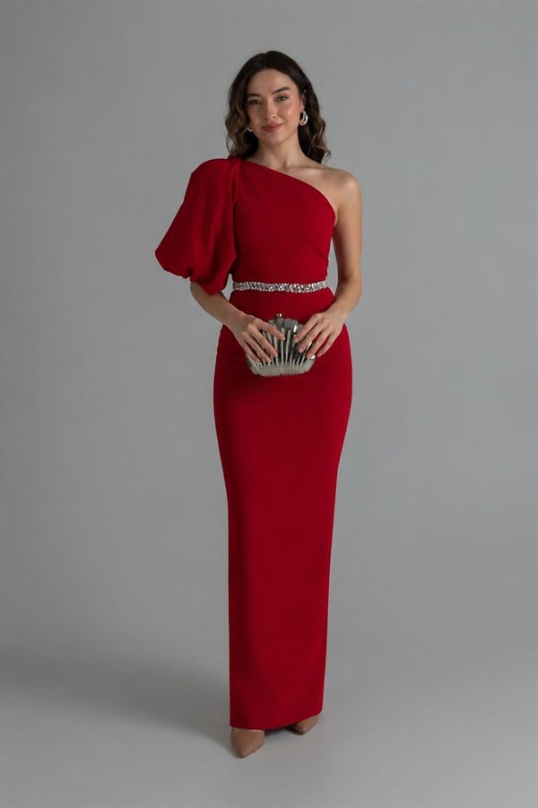 Balon Kol Taşlı Abiye - KIRMIZI