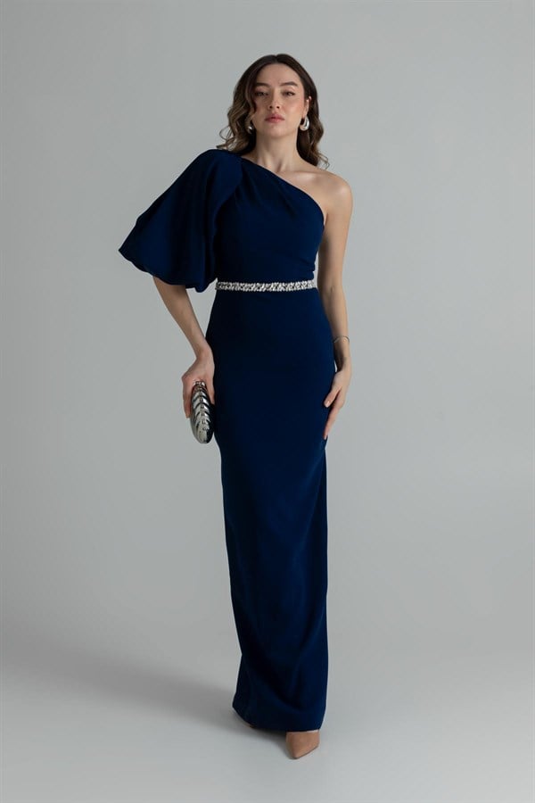 Balon Kol Taşlı Abiye - LACİVERT