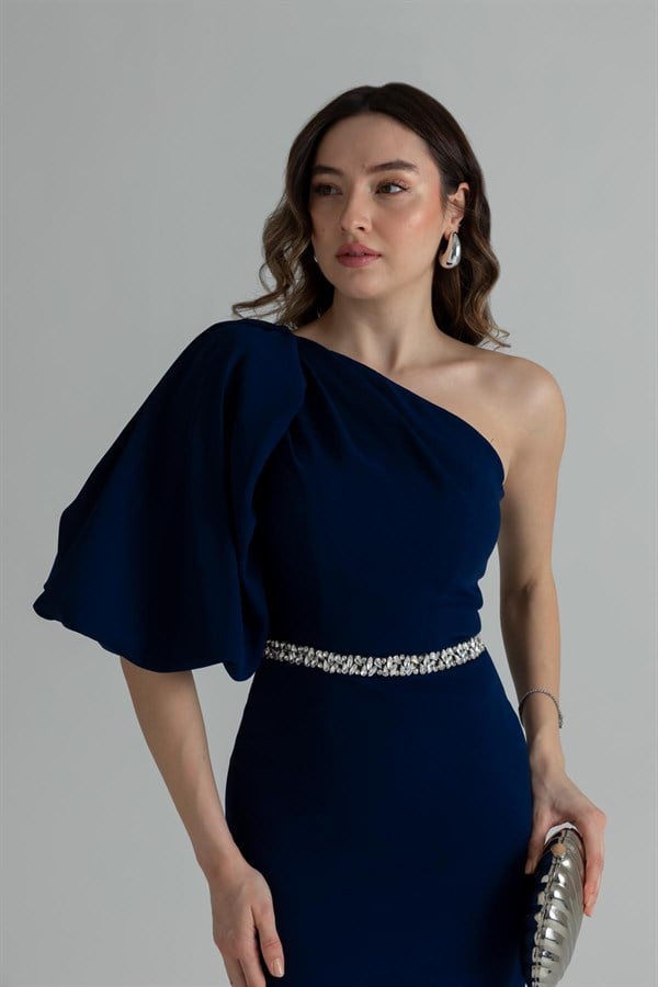 Balon Kol Taşlı Abiye - LACİVERT