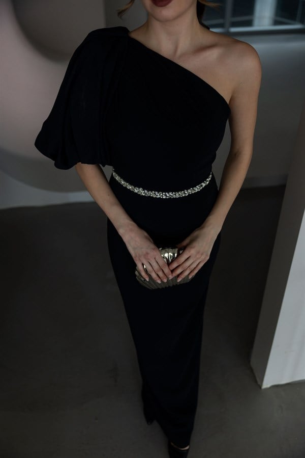 Balon Kol Taşlı Abiye - SİYAH