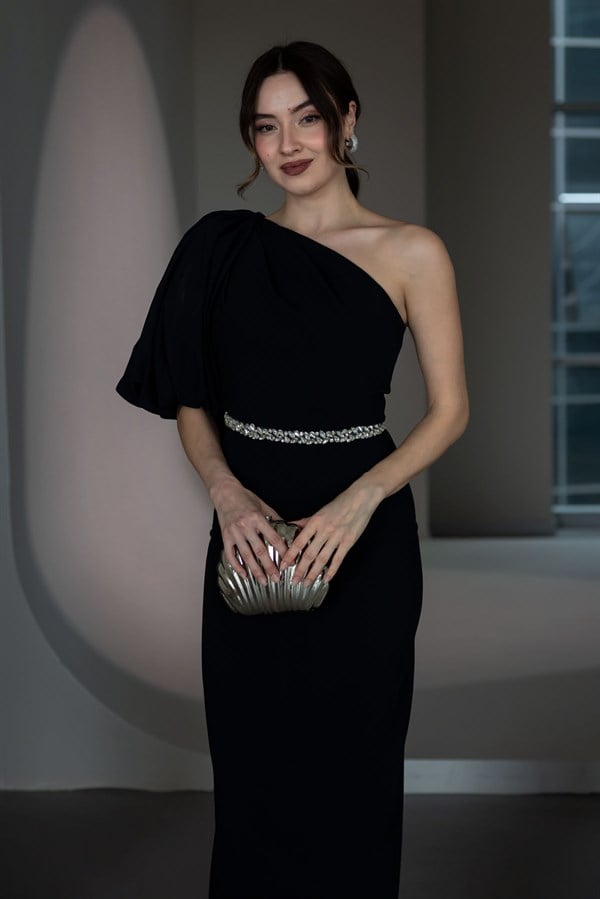 Balon Kol Taşlı Abiye - SİYAH