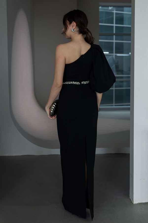 Balon Kol Taşlı Abiye - SİYAH