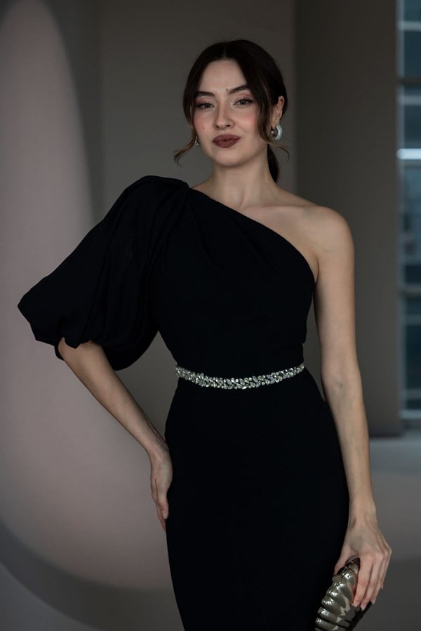 Balon Kol Taşlı Abiye - SİYAH