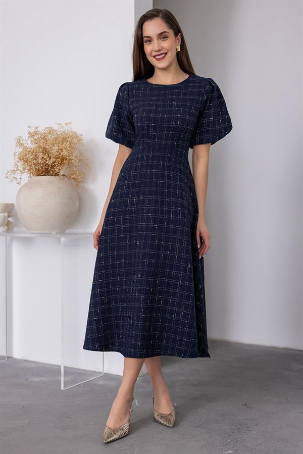 Balloon Sleeve Tweed Dress - Navy Blue