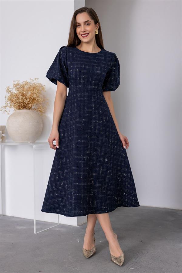 Balloon Sleeve Tweed Dress - Navy Blue