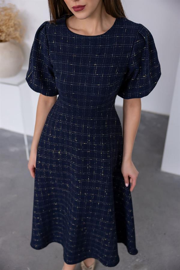 Balloon Sleeve Tweed Dress - Navy Blue