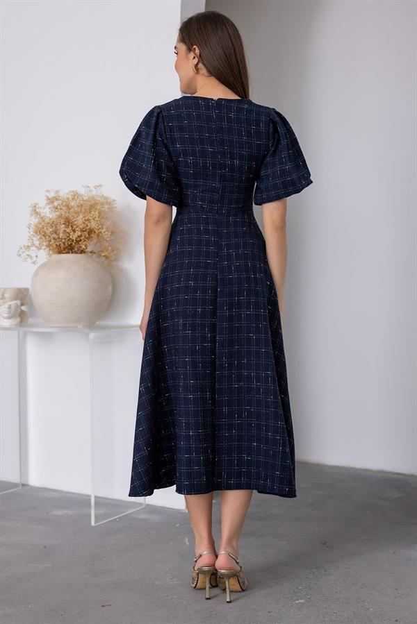 Balloon Sleeve Tweed Dress - Navy Blue