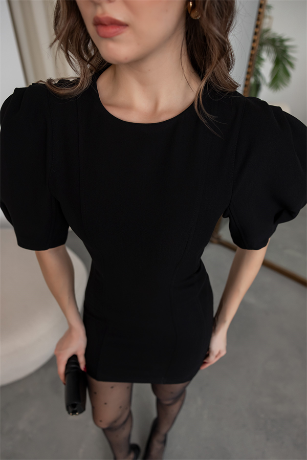 Balon Kollu Mini Elbise - SİYAH