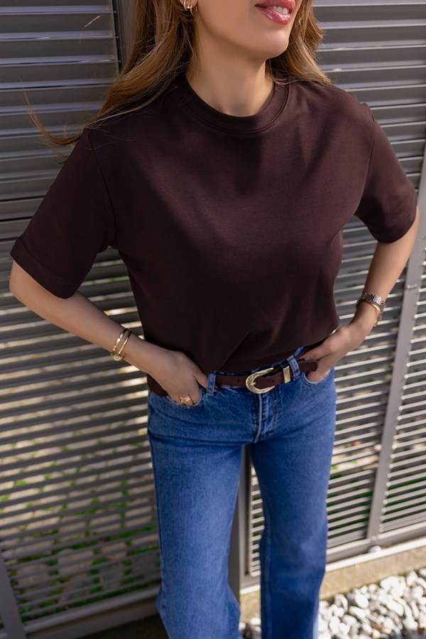 Basic Dokulu T-shirt - KAHVERENGİ
