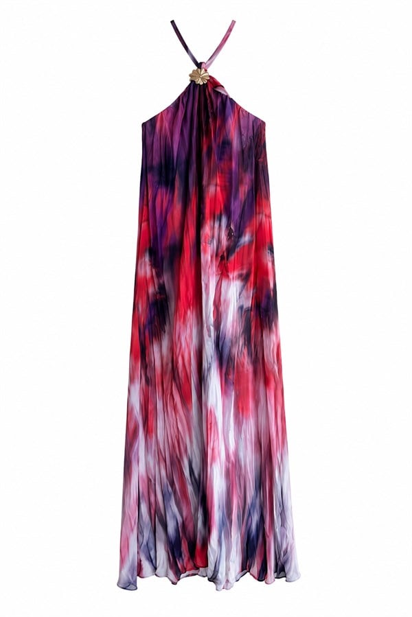 Batik Desenli Broş Detaylı Elbise - KIRMIZI