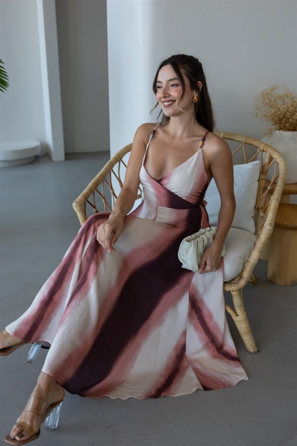 Batik Desenli Sırt Dekolteli Elbise - PEMBE