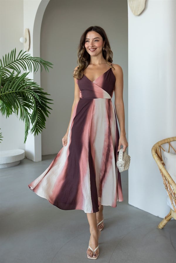 Batik Desenli Sırt Dekolteli Elbise - PEMBE