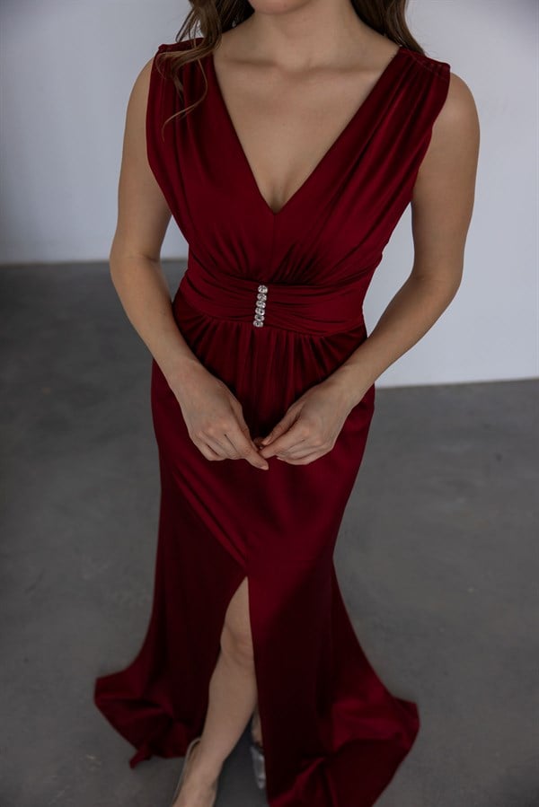 Bel Aksesuarlı Abiye - BORDO