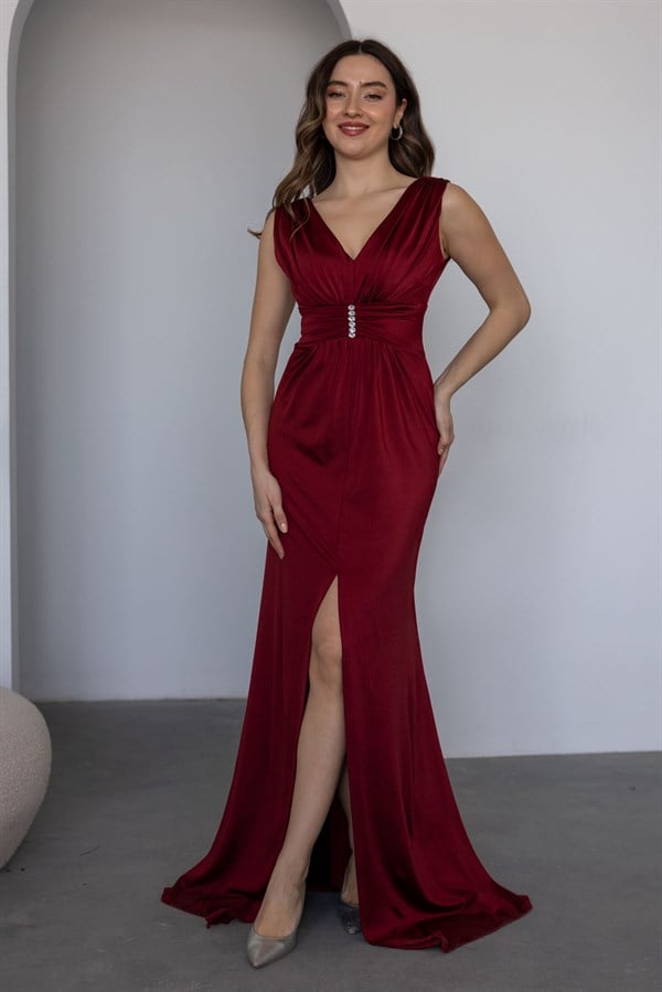 Bel Aksesuarlı Abiye - BORDO