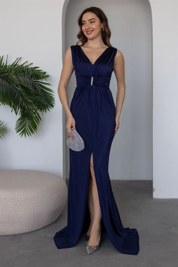 Bel Aksesuarlı Abiye - LACİVERT