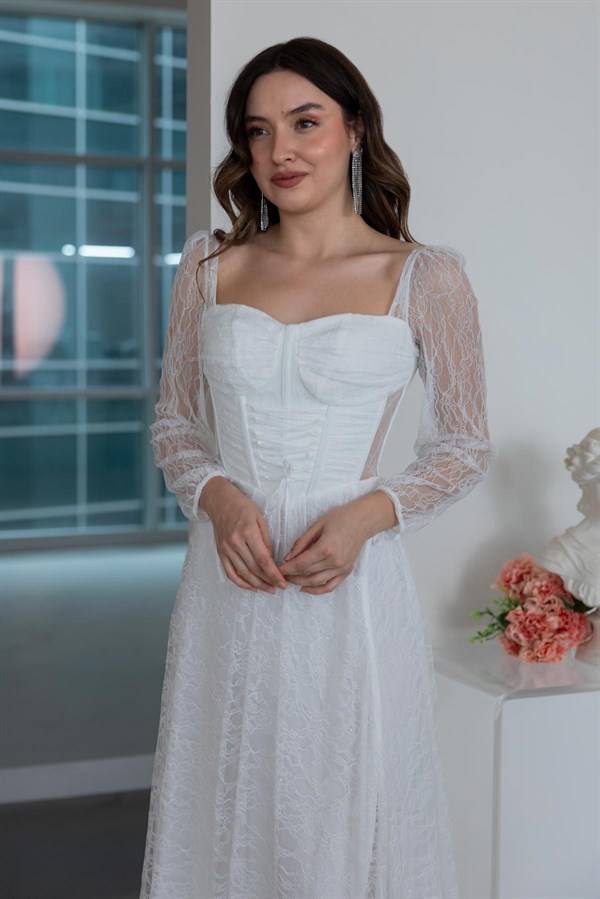 Bel Bağcıklı Dantel Abiye - BEYAZ