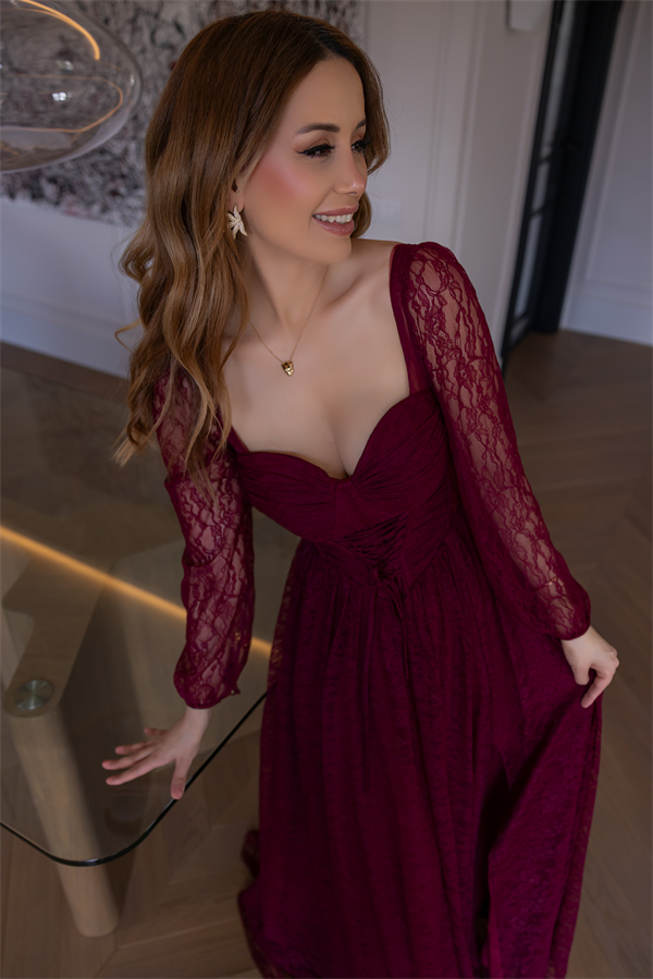 Bel Bağcıklı Dantel Abiye - BORDO