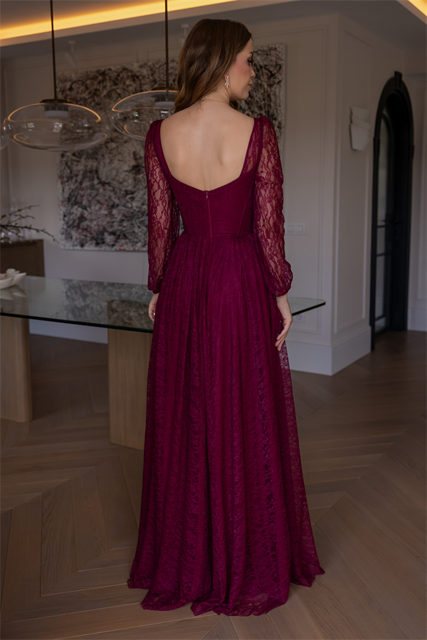 Bel Bağcıklı Dantel Abiye - BORDO