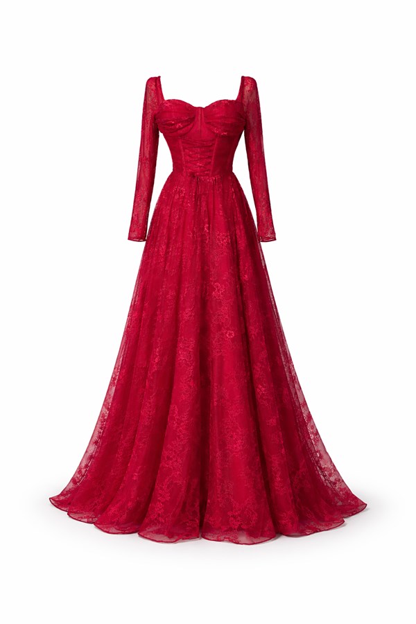 Bel Bağcıklı Dantel Abiye - BORDO