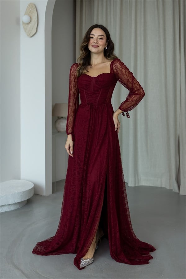 Bel Bağcıklı Dantel Abiye - BORDO