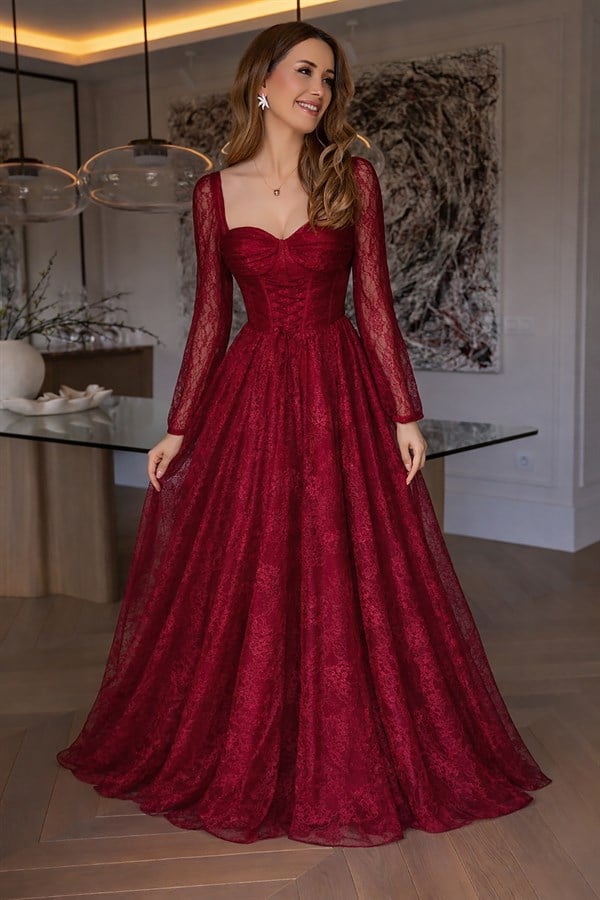 Bel Bağcıklı Dantel Abiye - BORDO