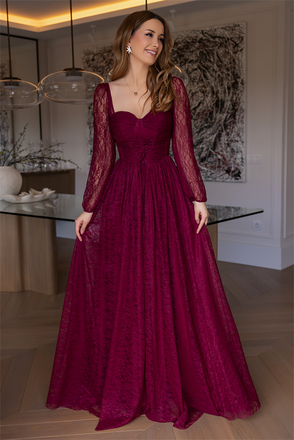 Bel Bağcıklı Dantel Abiye - BORDO