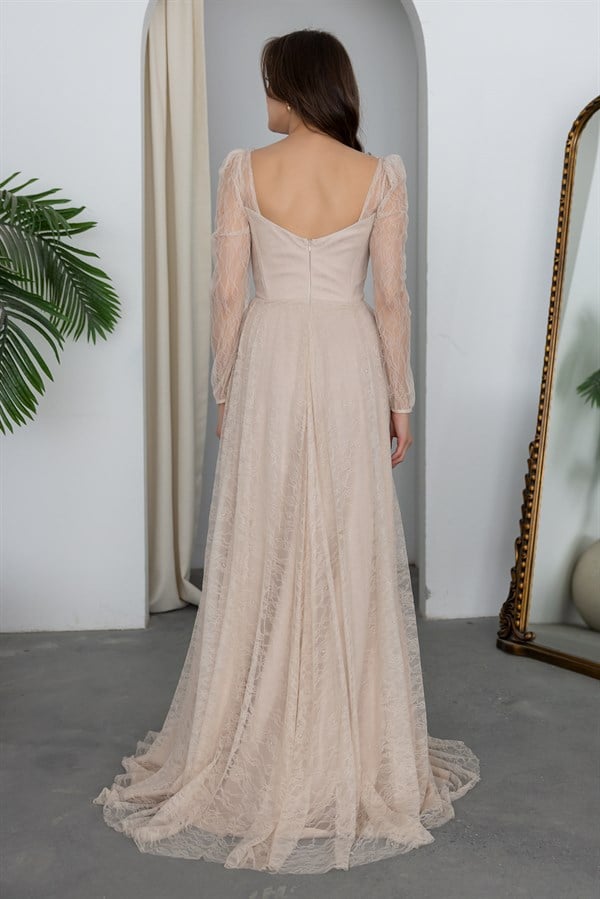 Bel Bağcıklı Dantel Abiye - KREM