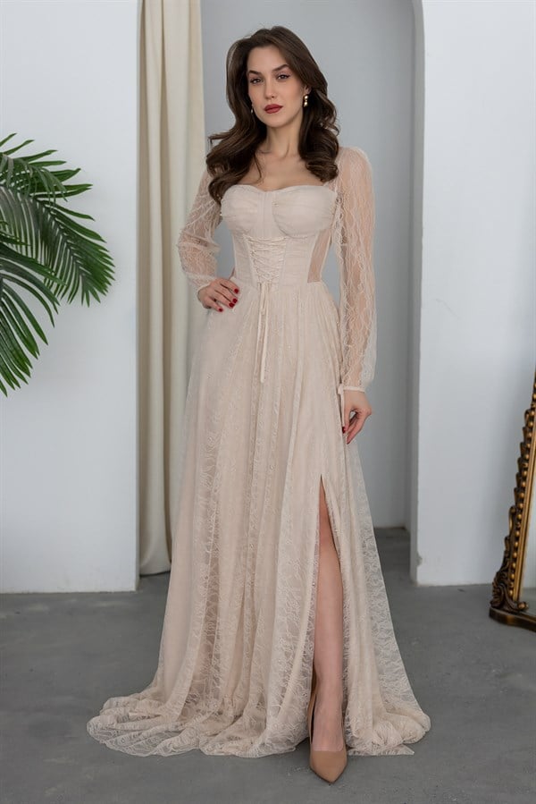 Bel Bağcıklı Dantel Abiye - KREM