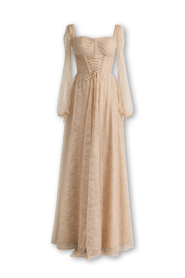 Bel Bağcıklı Dantel Abiye - KREM