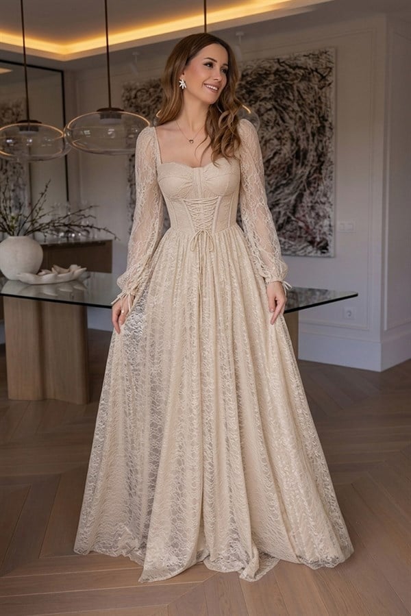 Bel Bağcıklı Dantel Abiye - KREM