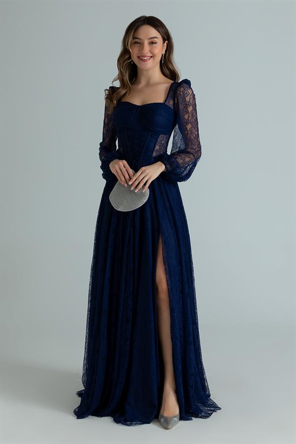 Bel Bağcıklı Dantel Abiye - LACİVERT