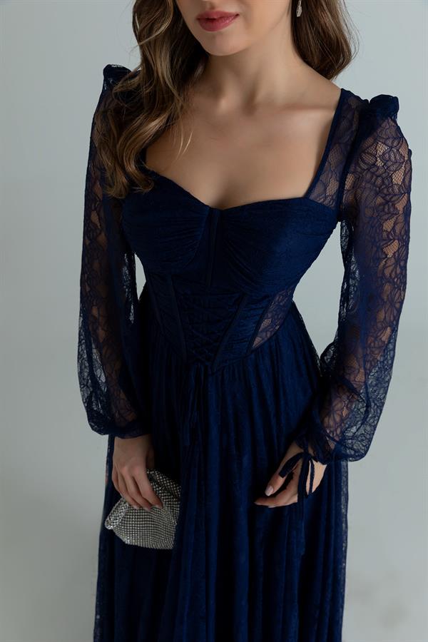 Bel Bağcıklı Dantel Abiye - LACİVERT