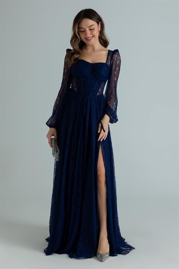 Bel Bağcıklı Dantel Abiye - LACİVERT