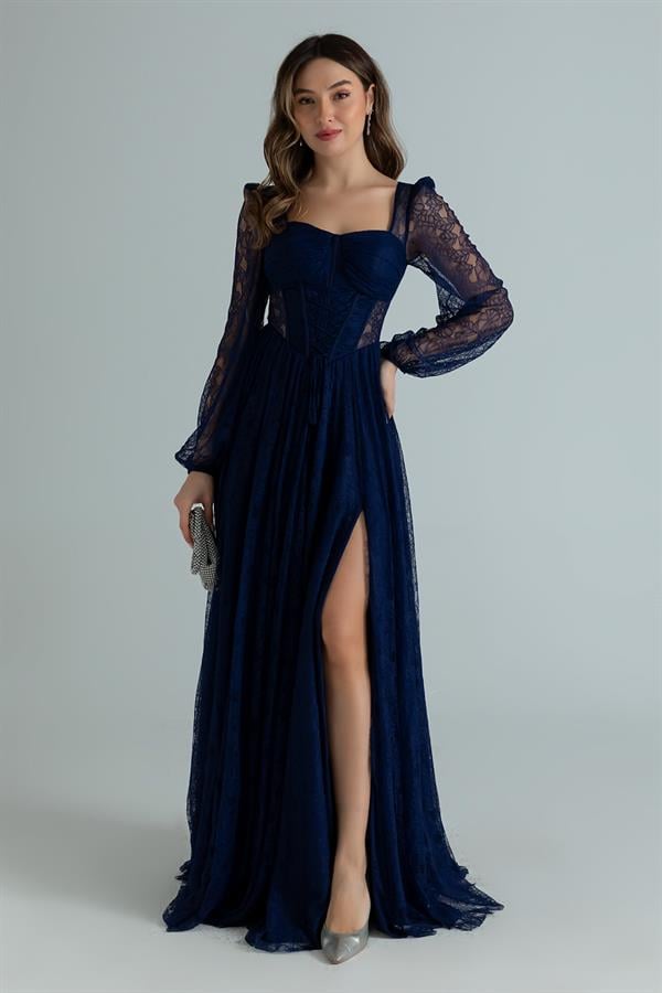 Bel Bağcıklı Dantel Abiye - LACİVERT