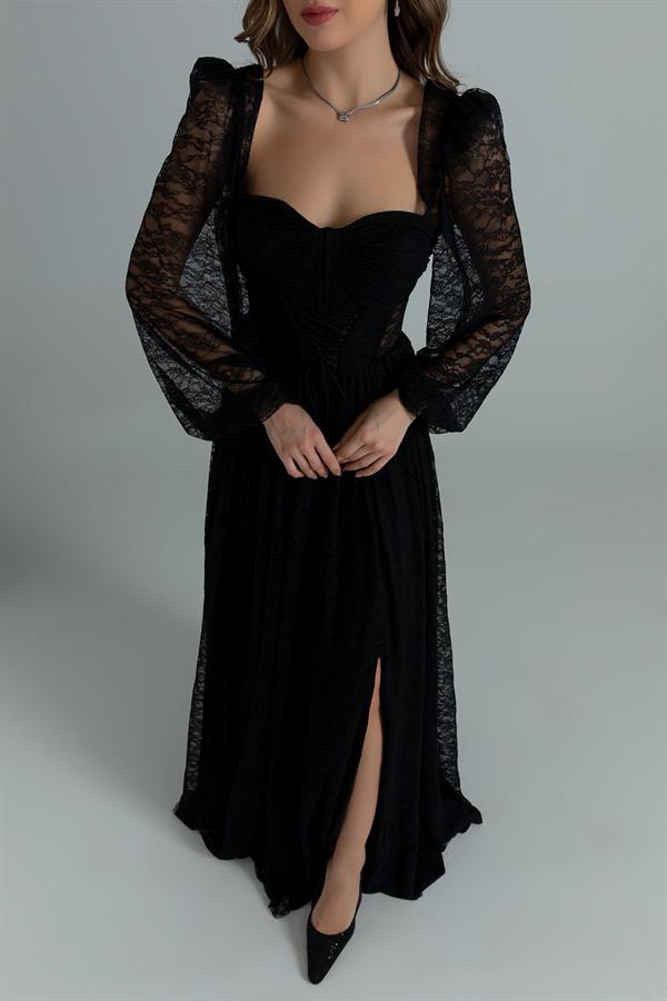 Bel Bağcıklı Dantel Abiye - SİYAH