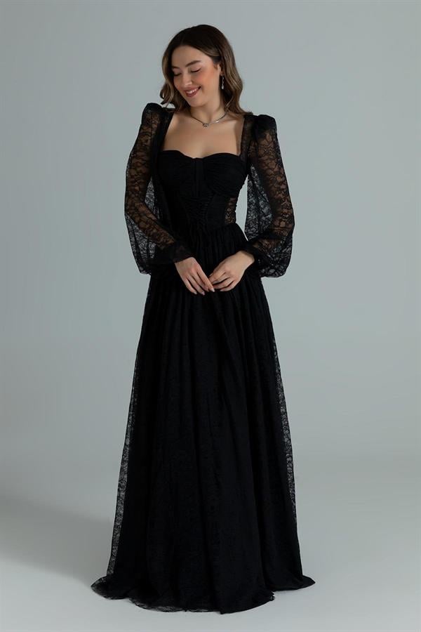 Bel Bağcıklı Dantel Abiye - SİYAH