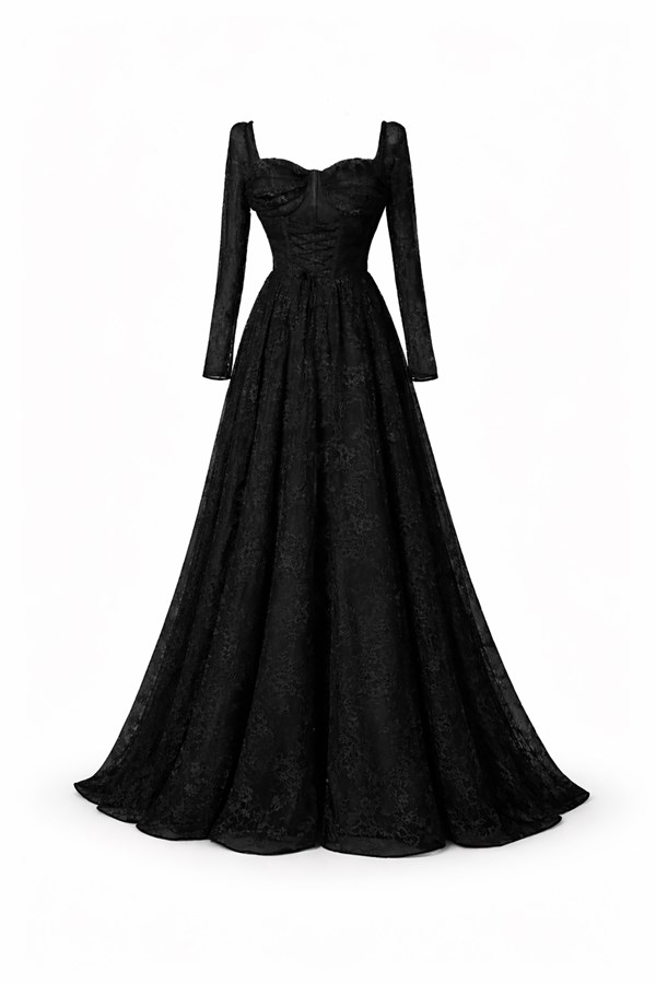 Bel Bağcıklı Dantel Abiye - SİYAH