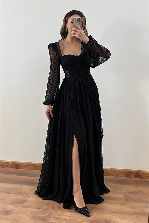 Bel Bağcıklı Dantel Abiye - SİYAH