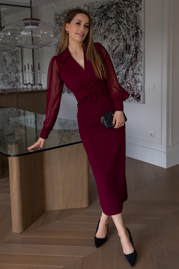 Bel Bağcıklı Elbise - BORDO