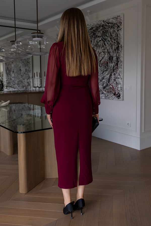 Bel Bağcıklı Elbise - BORDO