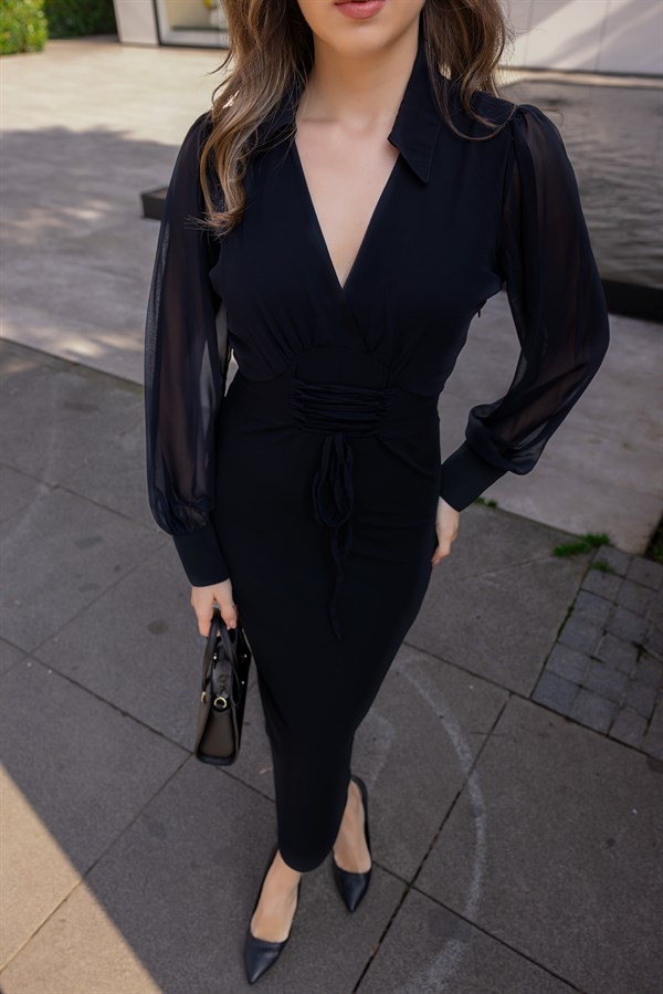 Bel Bağcıklı Elbise - LACİVERT