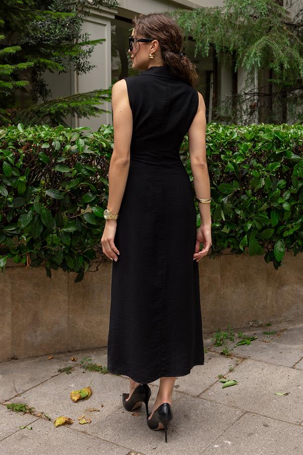 Bel Bağlamalı Gömlek Elbise - SİYAH