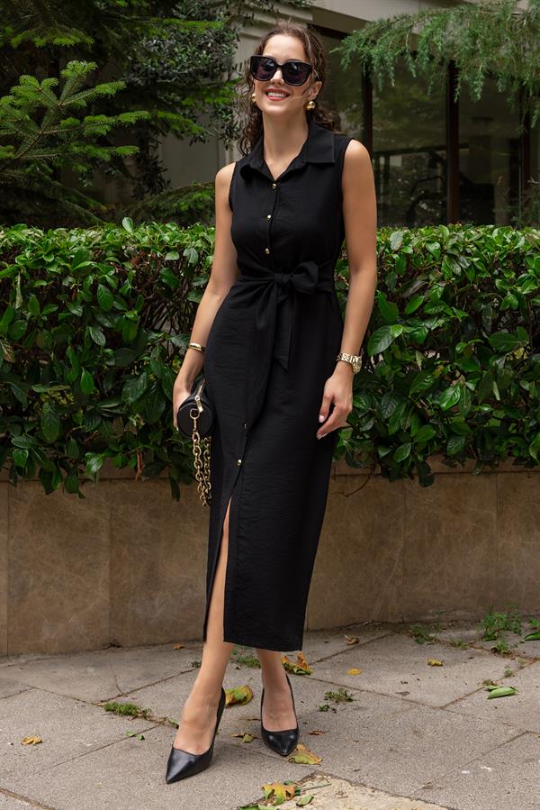 Bel Bağlamalı Gömlek Elbise - SİYAH