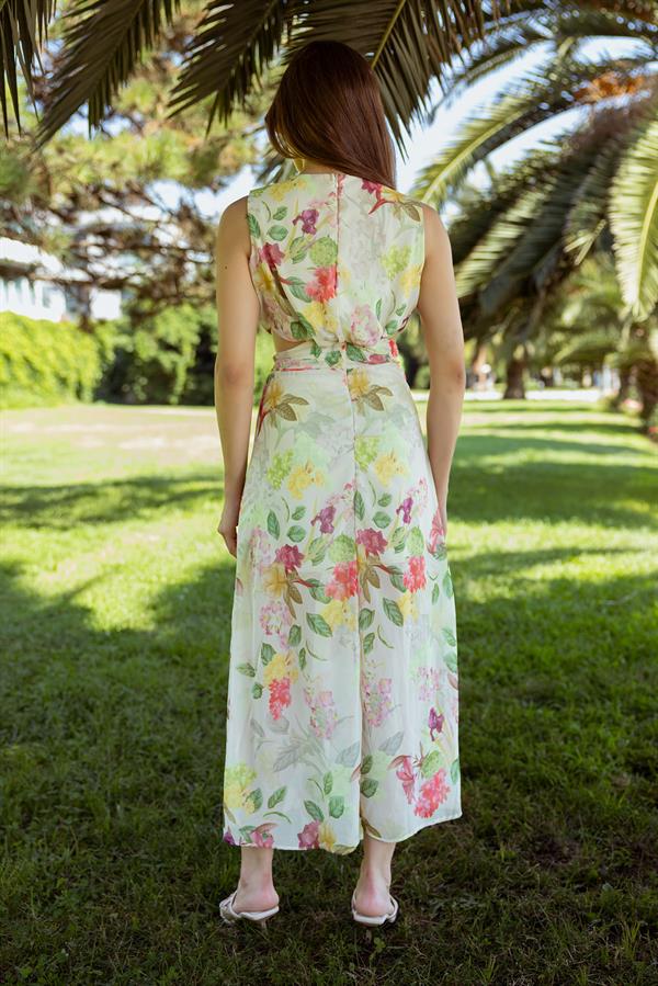 Bel Dekolteli Şifon Elbise - KREM