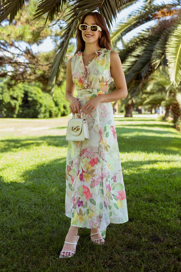 Bel Dekolteli Şifon Elbise - KREM