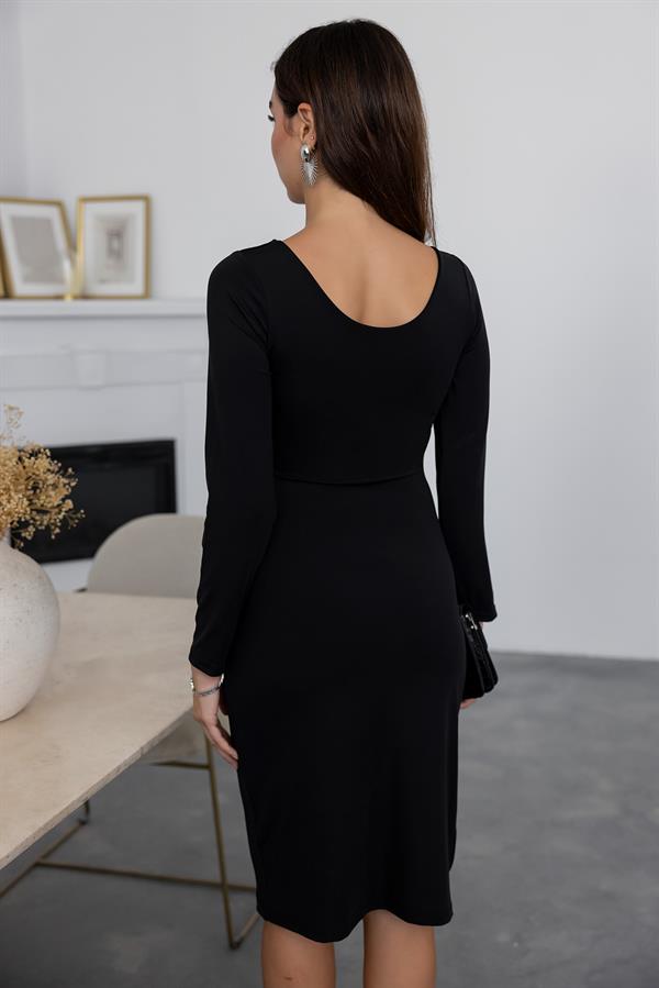 Bel Drapeli Sandy Elbise - SİYAH