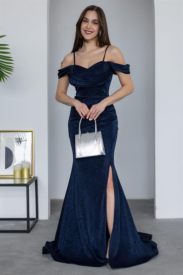 Glitter Gown with Draped Waist - Navy Blue