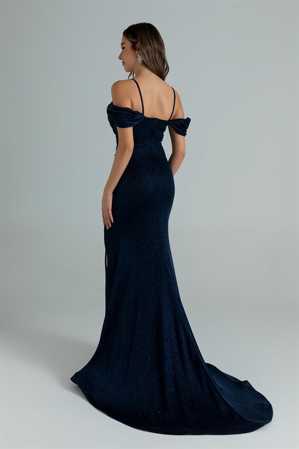 Glitter Gown with Draped Waist - Navy Blue