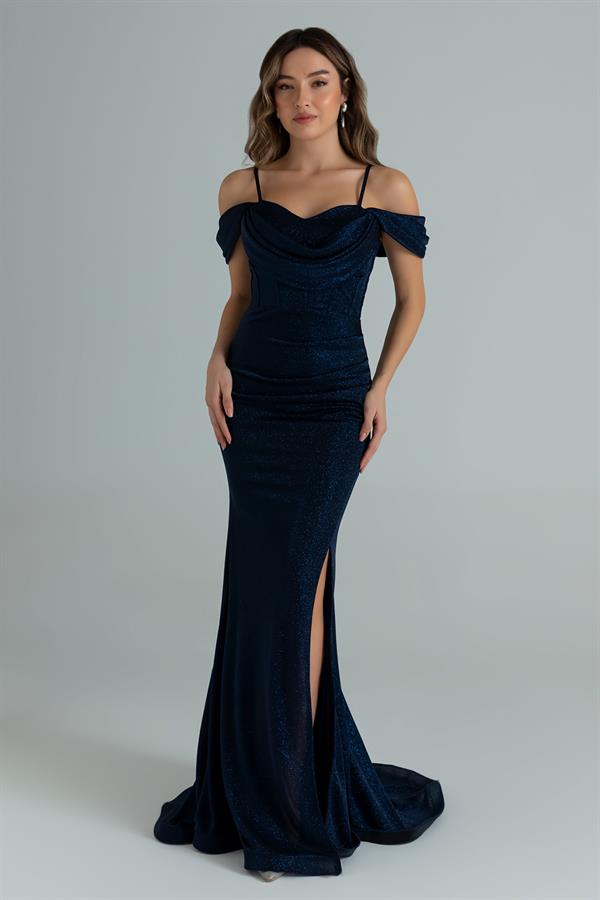 Glitter Gown with Draped Waist - Navy Blue